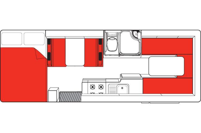 Campervan floor plan with a double bed, central dinette, bathroom, kitchen, and a U-shaped lounge with red cushions.