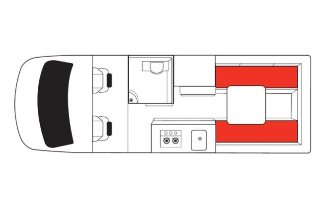 Campervan floor plan showing cabin seats, bathroom, kitchen with sink and stove, and rear lounge with red cushions.