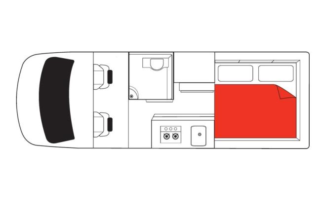 Campervan floor plan showing cabin seats, bathroom, kitchen, and a rear double bed highlighted in red.