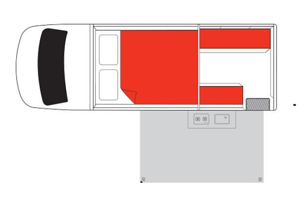 Campervan floor plan showing a double bed, rear benches, and an external slide-out kitchen with a stove and sink.