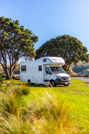 White campervan parked on a grassy field beneath large leafy trees with hills in the background.