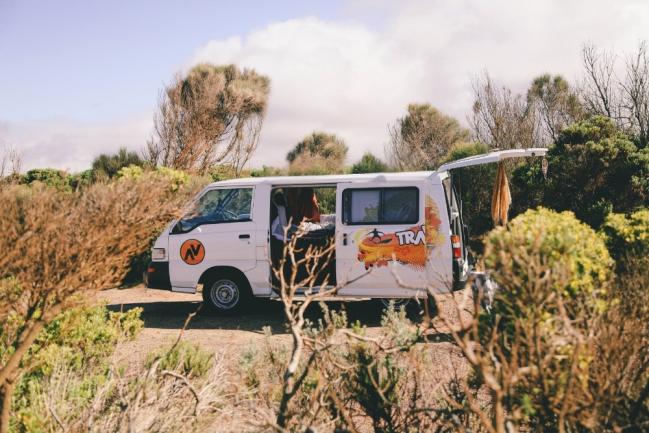 White campervan with open side door and rear tailgate parked in a clearing surrounded by coastal scrub.