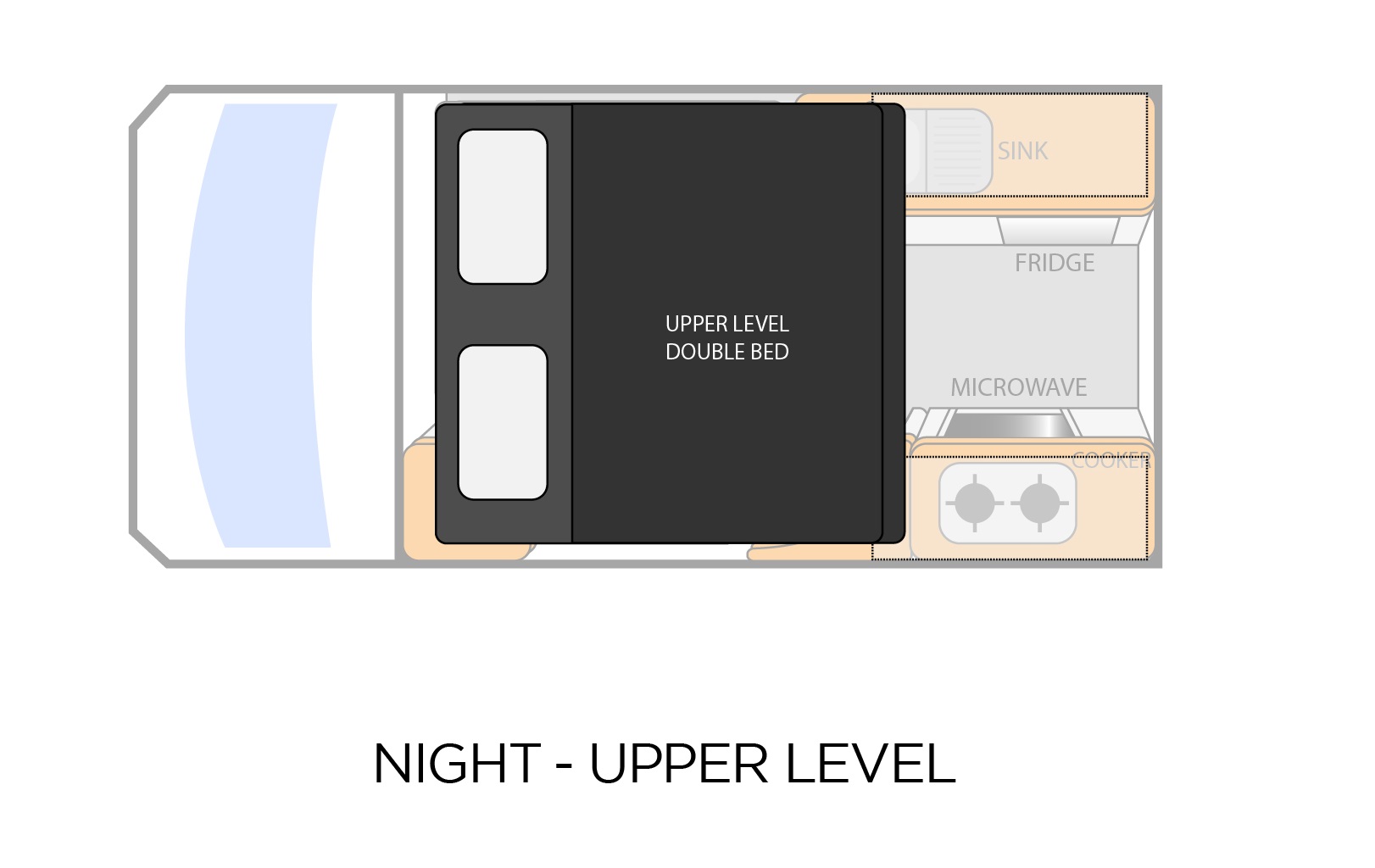 Floor plan of a campervan's upper level night layout, showing a double bed above the living area and rear kitchen.
