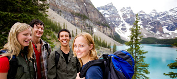 a group of friends on a hiking camping trip in the mountains 