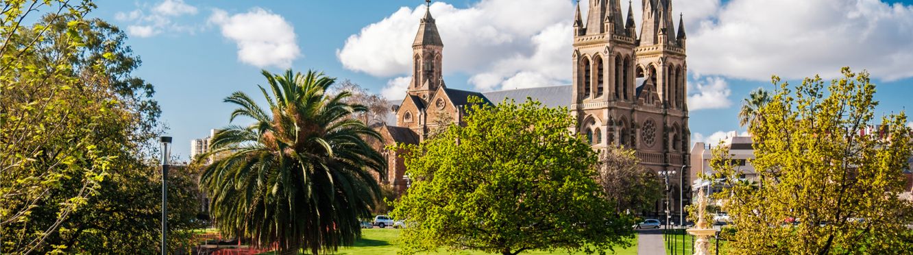 The view of St. Peter’s Cathedral from Pennington Gardens in Adelaide.