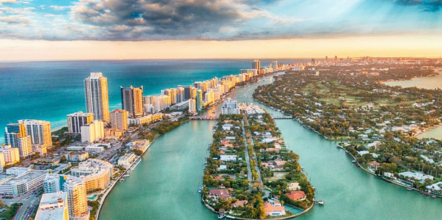 aerial view of miami beach at sunset