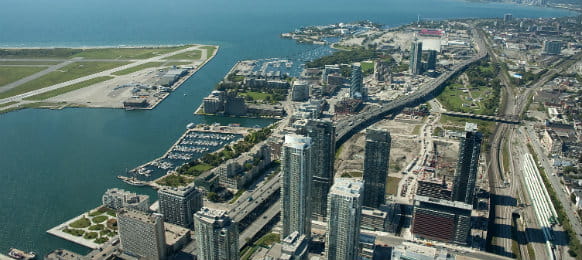 aerial view of toronto with airport on the left side