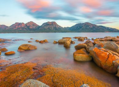 Coles Bay and The Hazards mountain range at Freycinet National Park.