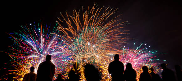 big fireworks with silhouettes of people watching it