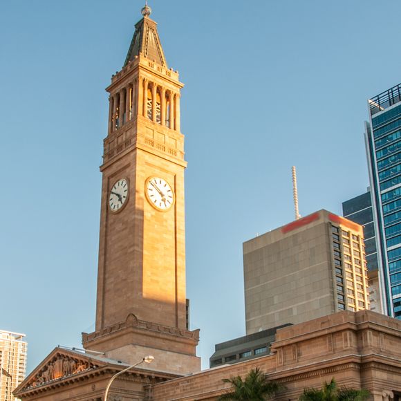 The clock tower at Brisbane City Hall.