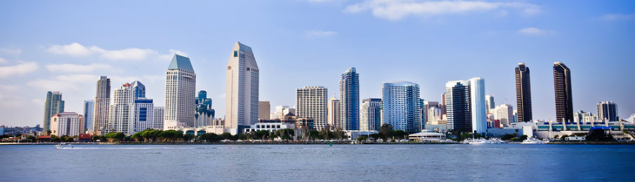 san diego city skyline along harbor