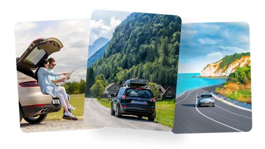 Couple using a map and rental cars on scenic roads