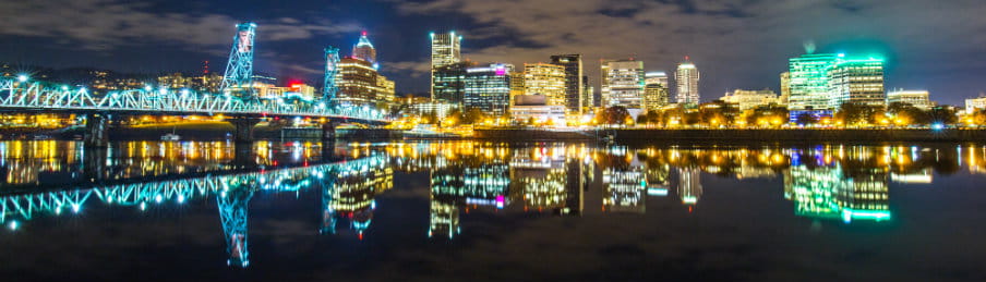 Cityscape and skyline of Portland, Maine at night