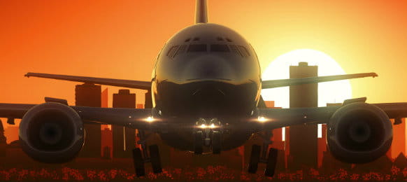 airplane flying at edmonton airport skyline at sunset