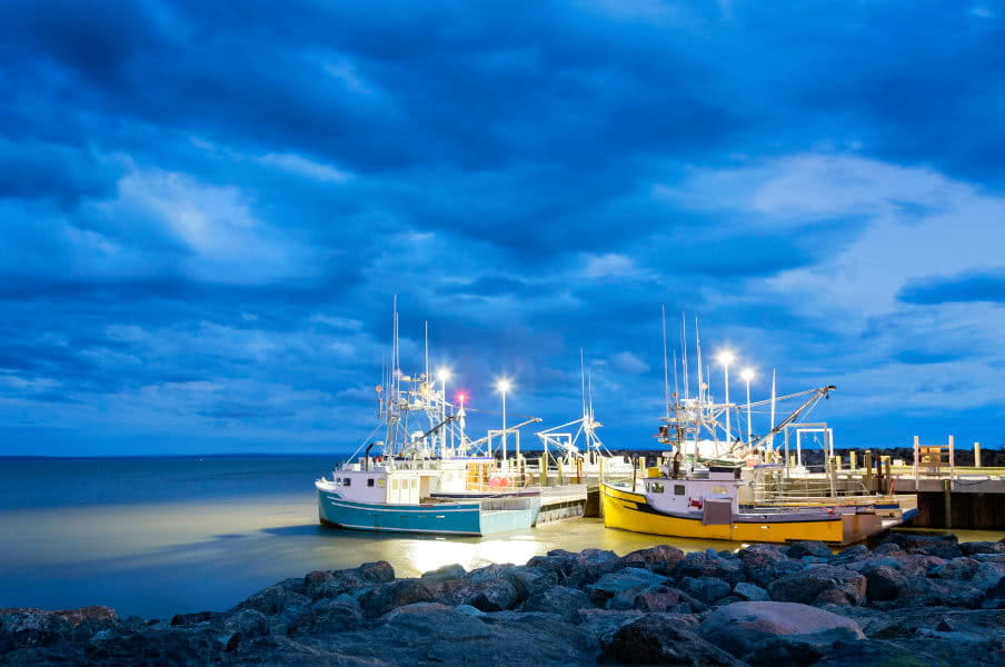 Fishing boats moored in Alma, Bay of Fundy, on the New Bruswick Atlantic coastline in Canada