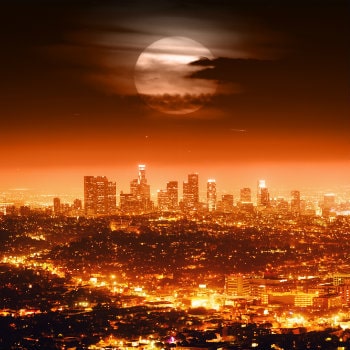 full moon over los angeles skyline at night
