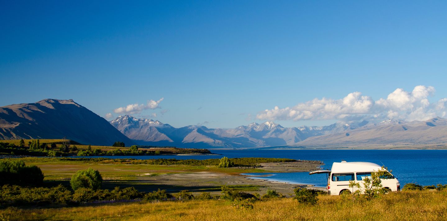 Camping on shore of lake Tekapo, New Zealand.