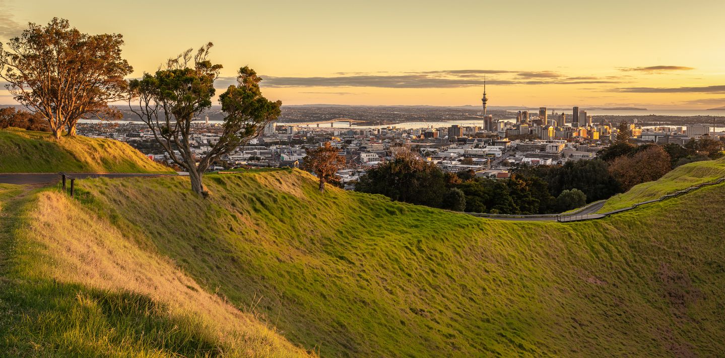 The view from Mount Eden with Auckland in the distance.