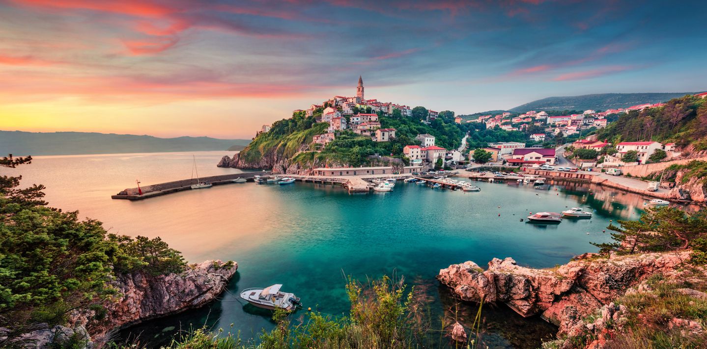 Aerial morning cityscape of Vrbnik town in Croatia.