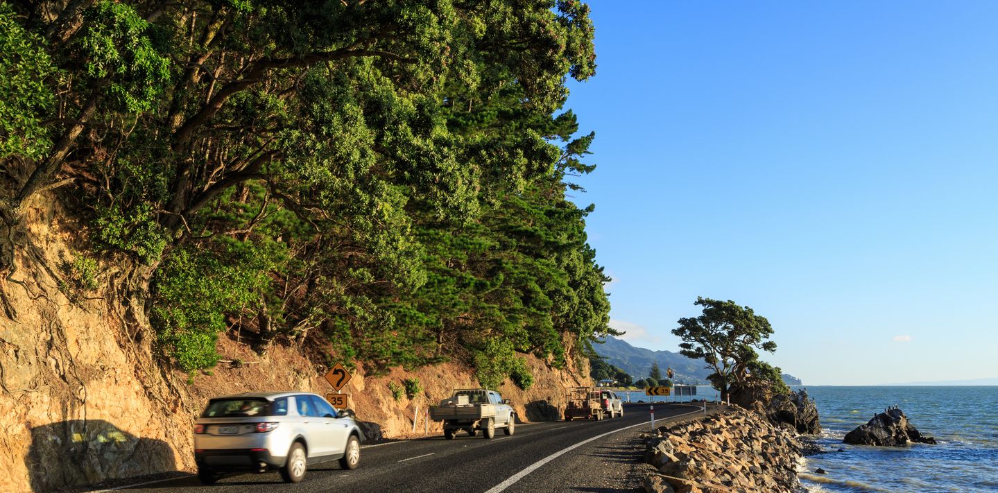 Coastal road on the Coromandel Peninsula, New Zealand.
