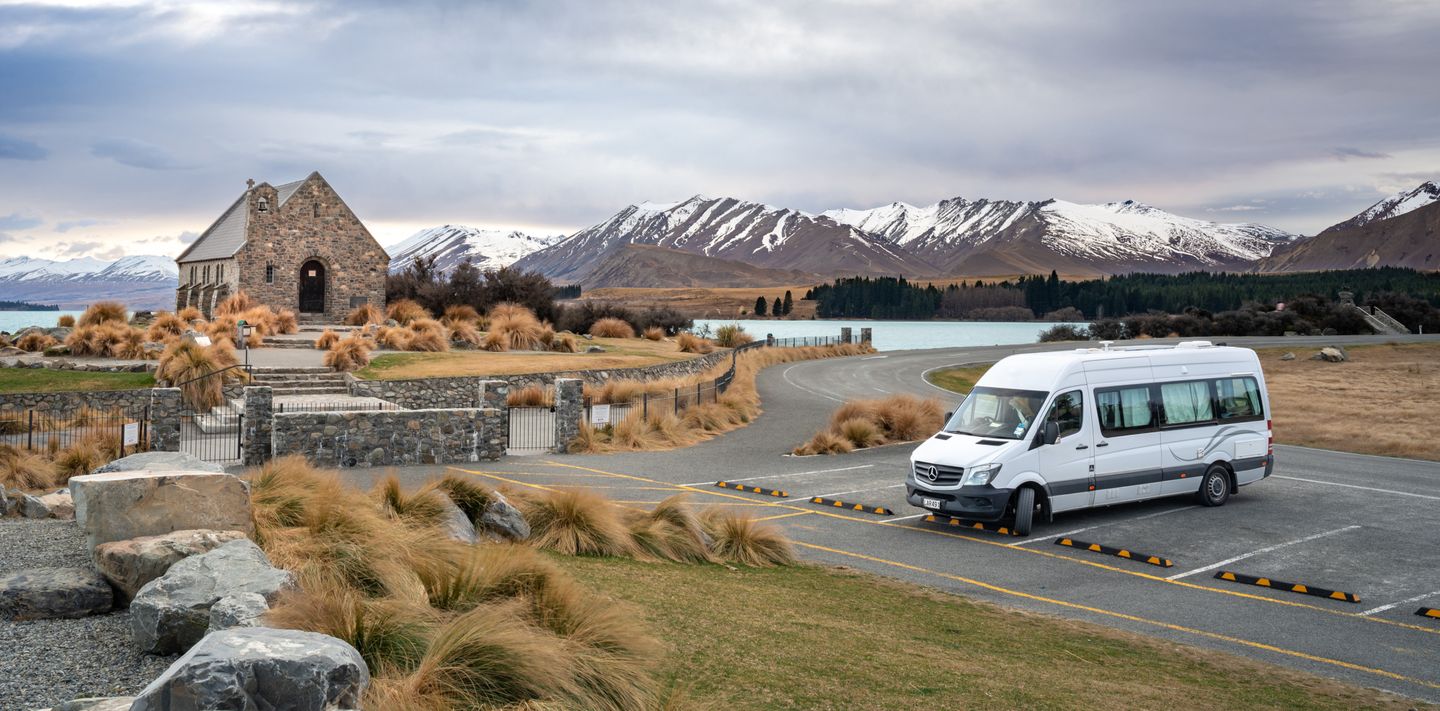 Campervan parked at Lake Tekapo, South Island.