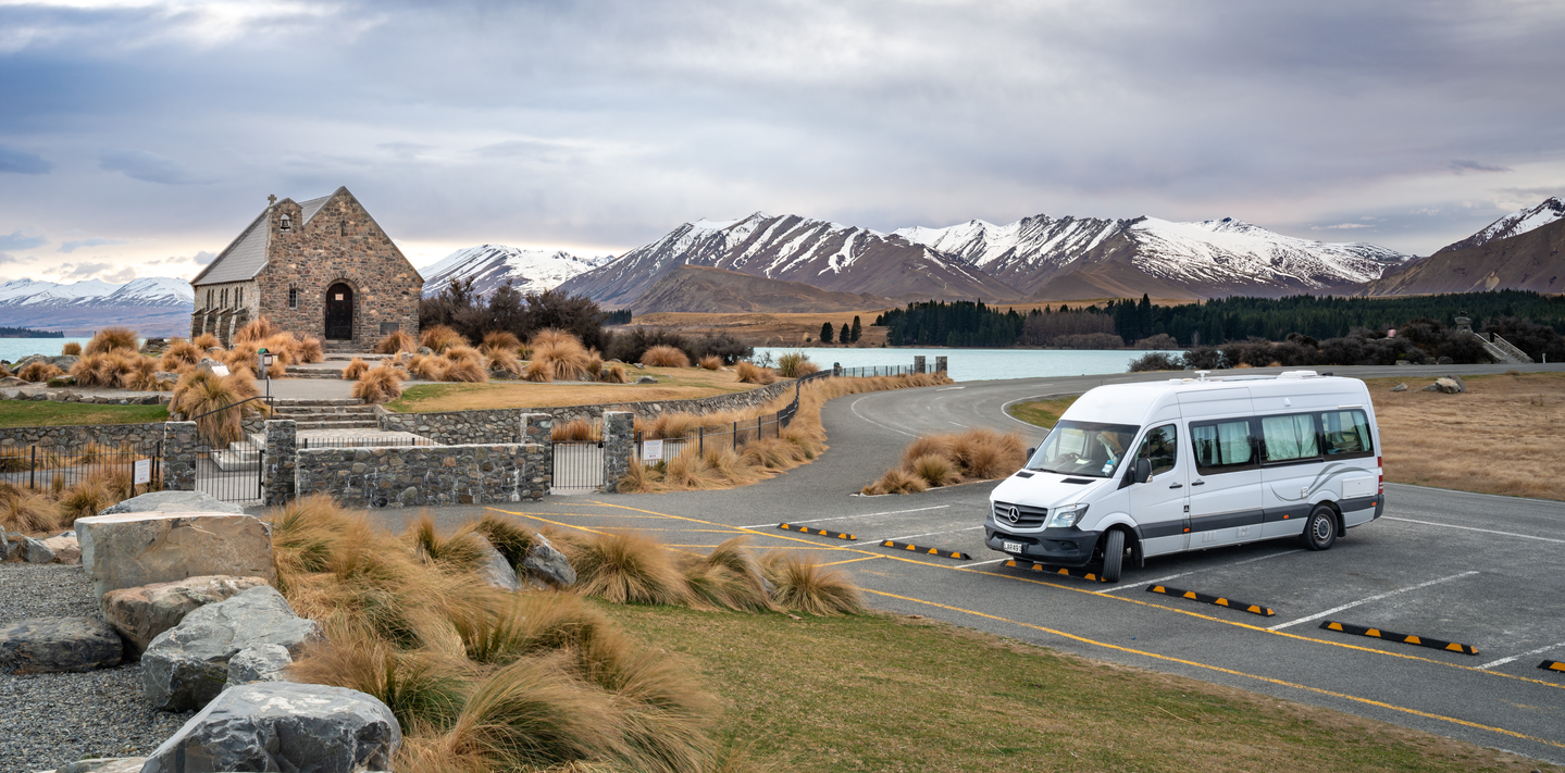 Campervan parked at Lake Tekapo, South Island.
