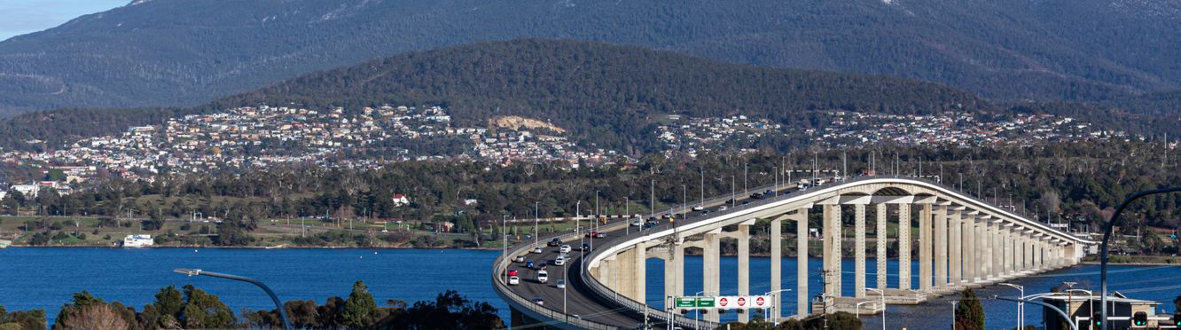 Outlook to Mount Wellington over Hobart's Tasman Bridge.