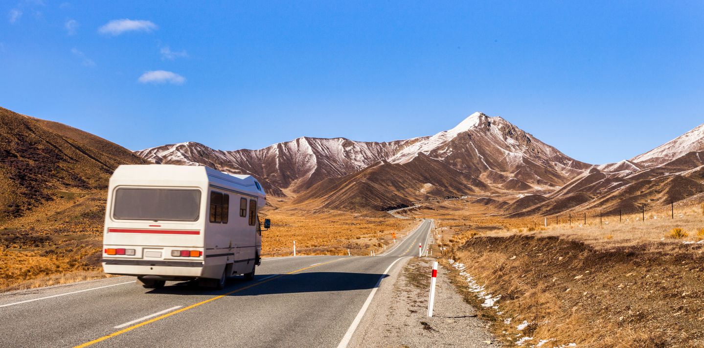 Campervan Approaching Lindis Pass, New Zealand