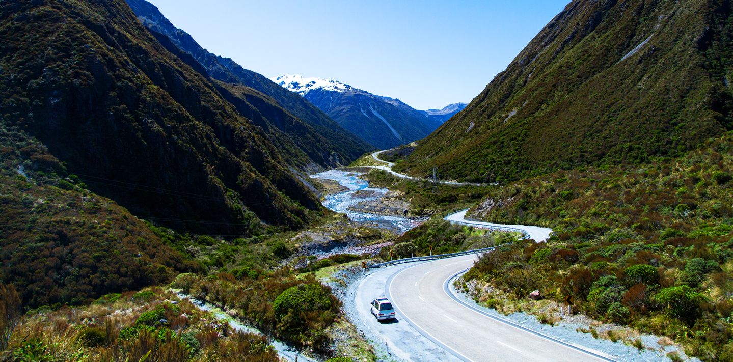 A campervan driving on New Zealand’s South Island.
