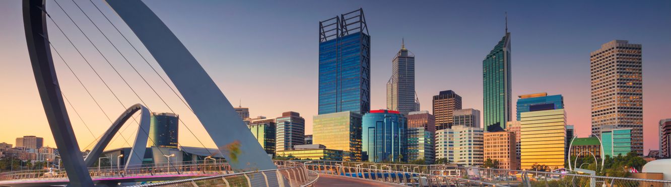 Perth city skyline from the Elizabeth Quay suspension bridge.