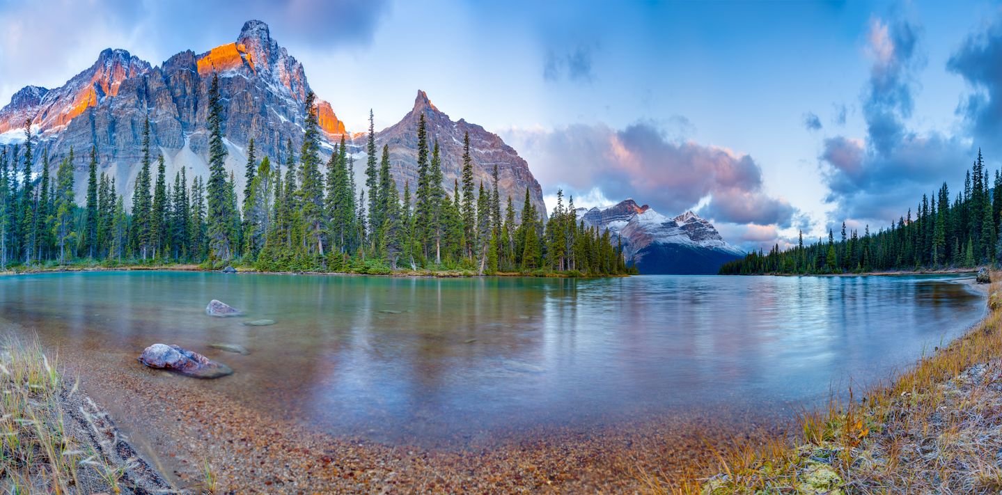 Sunrise panorama on Bow lake, Icefield road, Canada.