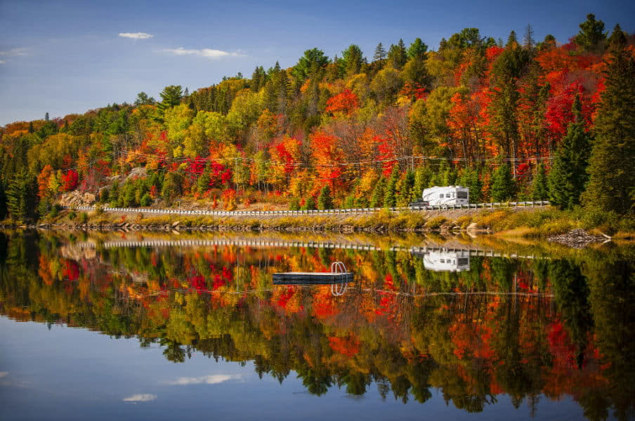 colorful autumn leaves and highway 60, Algonquin Park, Ontario, Canada