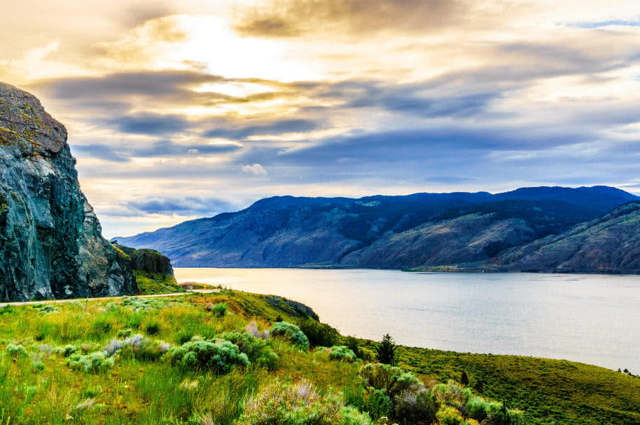 Sunset over Kamloops Lake along the Trans Canada Highway in British Columbia