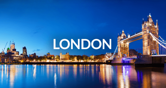 Tower Bridge in London lit up at night