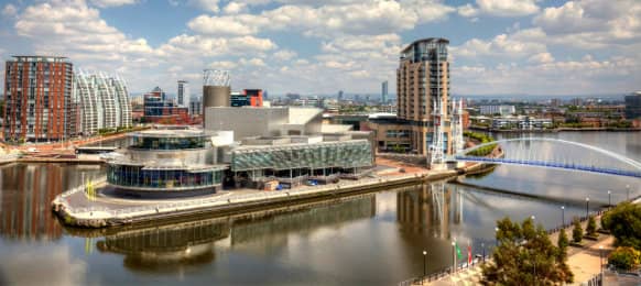 view of Manchester from Salford Quays