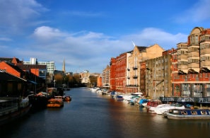 Old buildings seen from Redcliffe bridge, Bristol, UK
