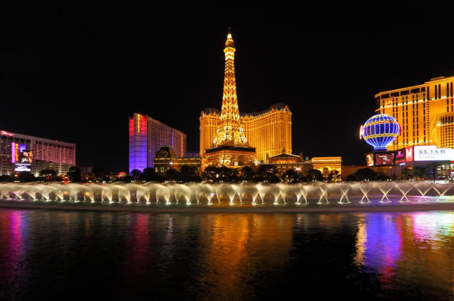 Dancing fountain and panorama of the night in Las Vegas, USA