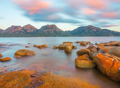 Coles Bay and The Hazards mountain range in Freycinet, Tasmania.