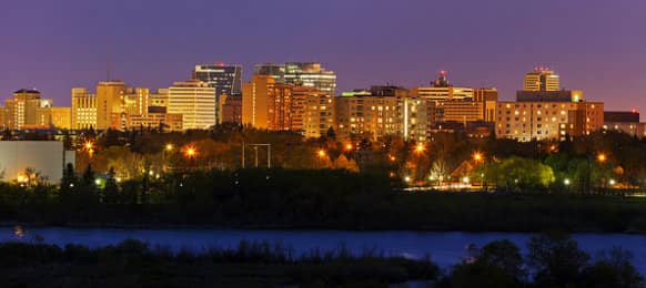 Skyline view of Regina at sunset Saskatchewan, CA