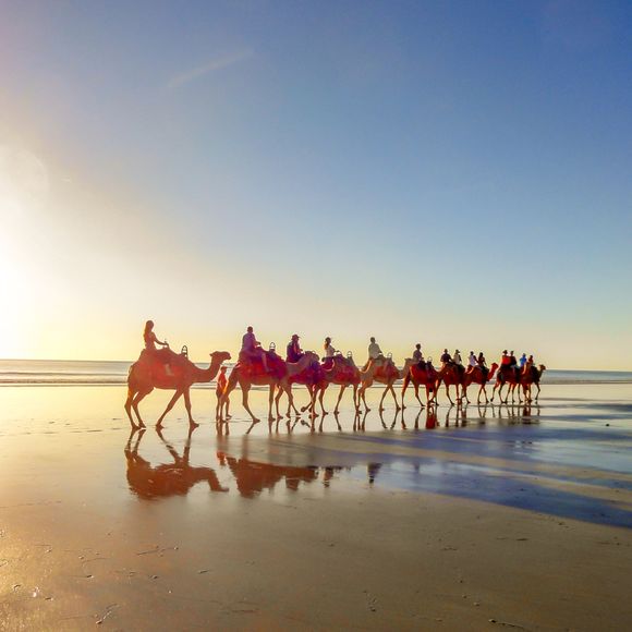 Tourists riding camels during sunset at Cable Beach, Broome.