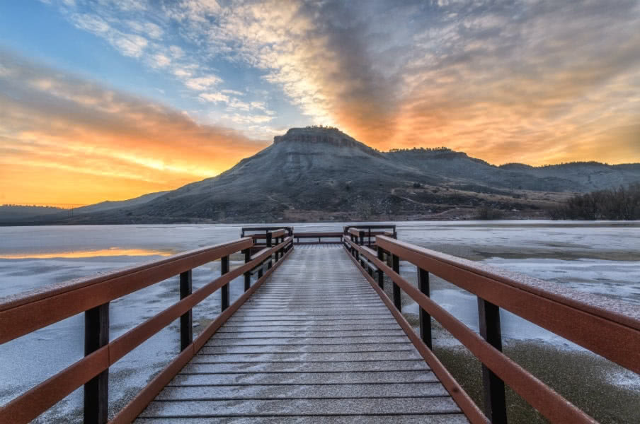 Winter sunrise at Flatiron Reservoir located in Loveland, USA