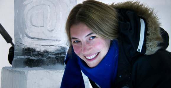 Abi with ice sculpture in Sweden