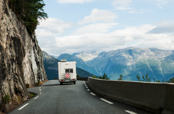 Motorhome driving on a narrow road